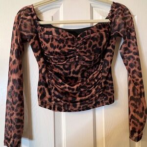 Y2K Leopard Print Off Shoulder Mesh Crop Top-Medium